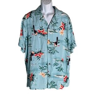 OLD NAVY Short Sleeve Button Down Floral Parrot Hawaiian Shirt Blue XL